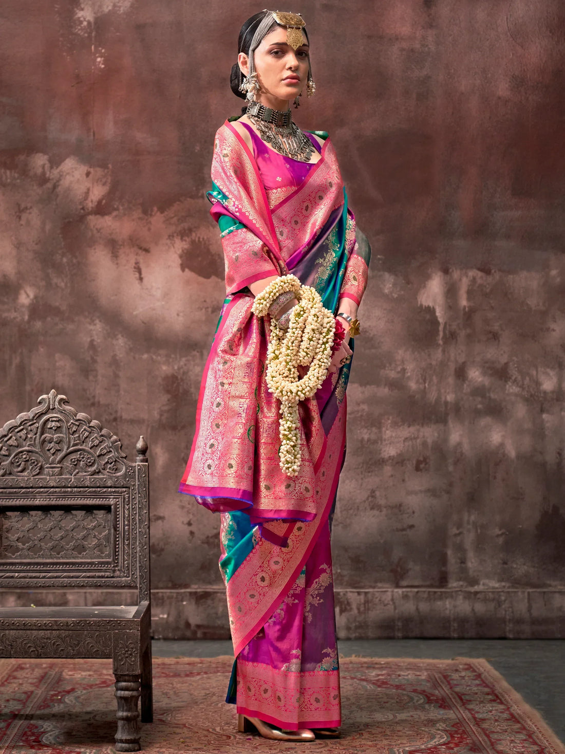 Awesome Multi-Color Zari Weaving Silk Wedding Wear Saree With Blouse - Zeel Clothing