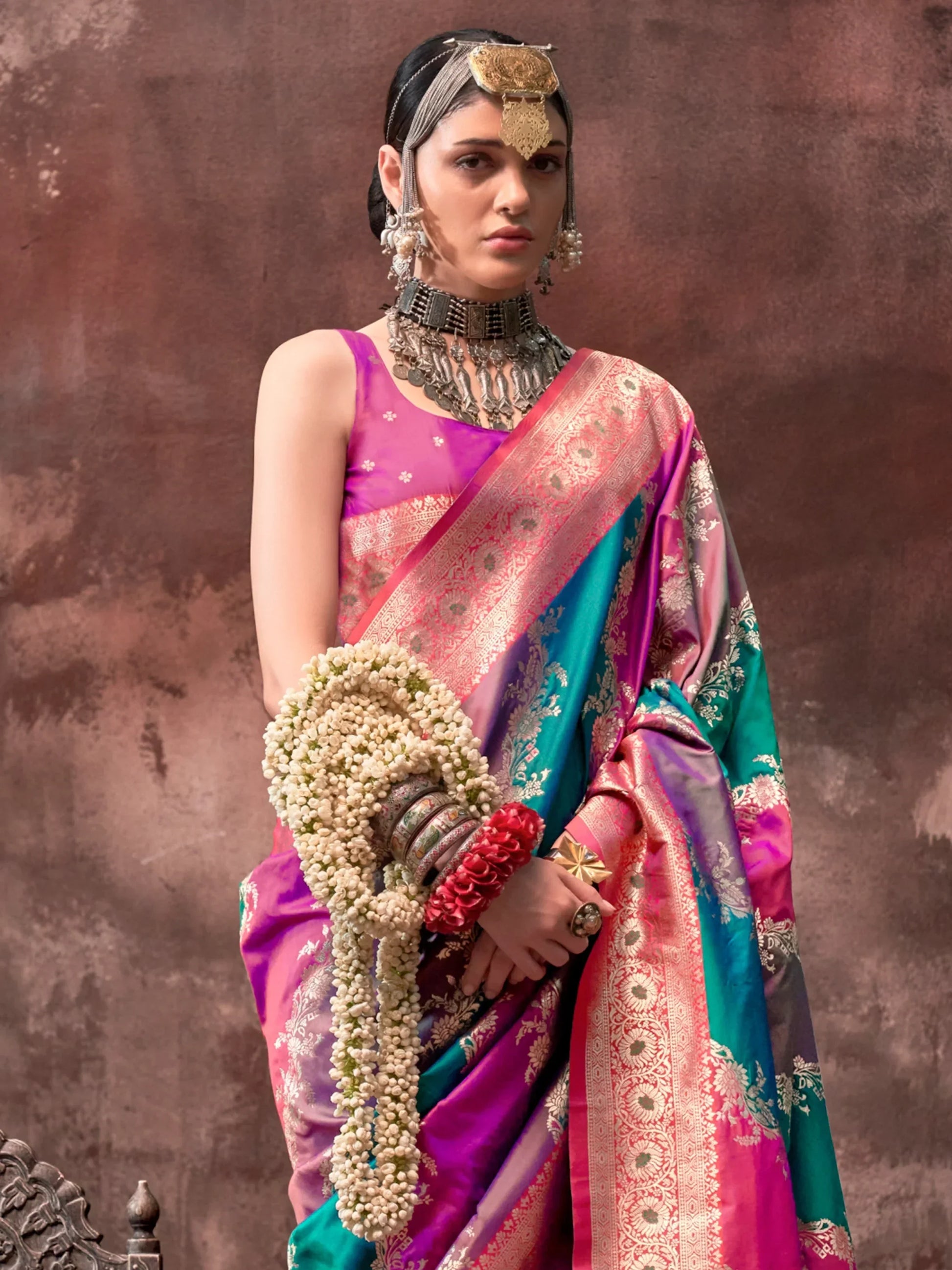 Awesome Multi-Color Zari Weaving Silk Wedding Wear Saree With Blouse - Zeel Clothing