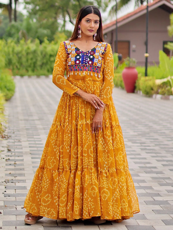 Awesome Mustard Yellow Bandhni Print Georgette Navratri Special Gown