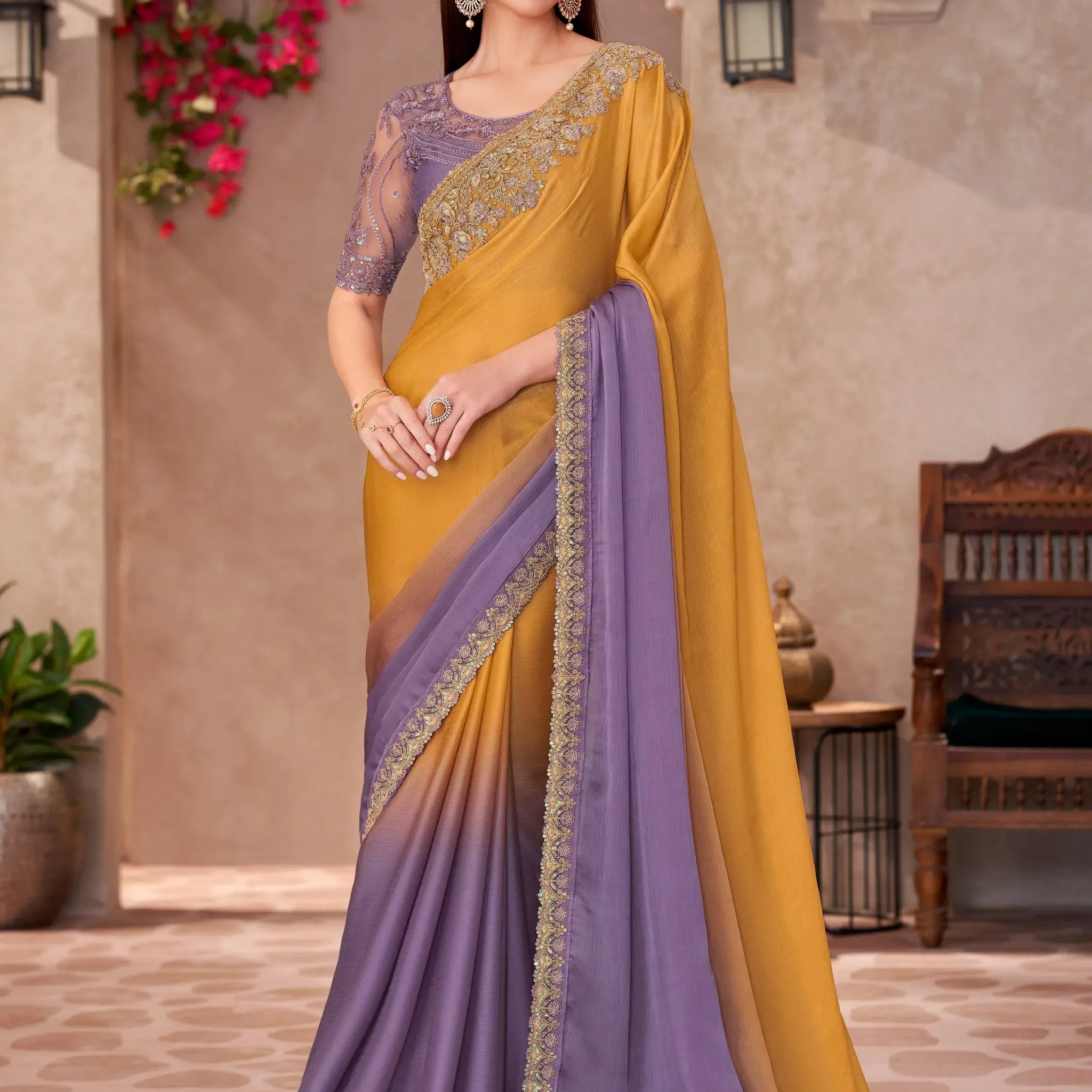 Awesome Mustard Yellow Border Work Chiffon Haldi Wear Saree With Blouse - Zeel Clothing