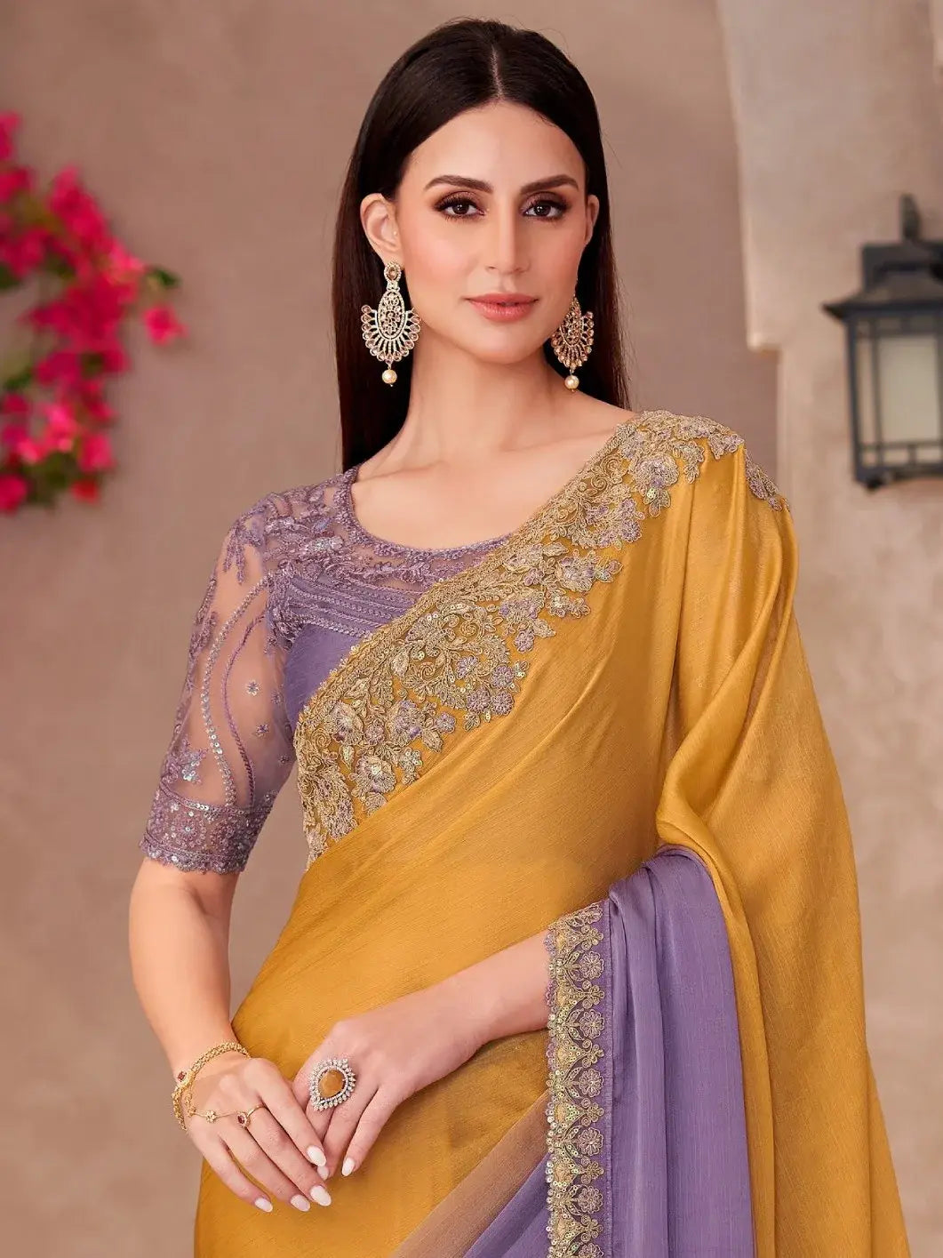 Awesome Mustard Yellow Border Work Chiffon Haldi Wear Saree With Blouse - Zeel Clothing