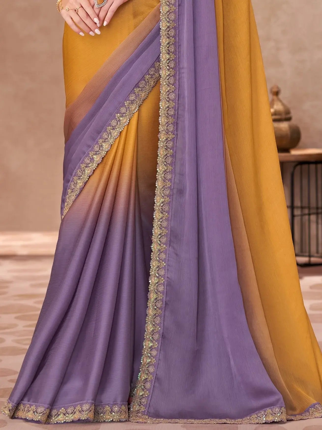 Awesome Mustard Yellow Border Work Chiffon Haldi Wear Saree With Blouse - Zeel Clothing