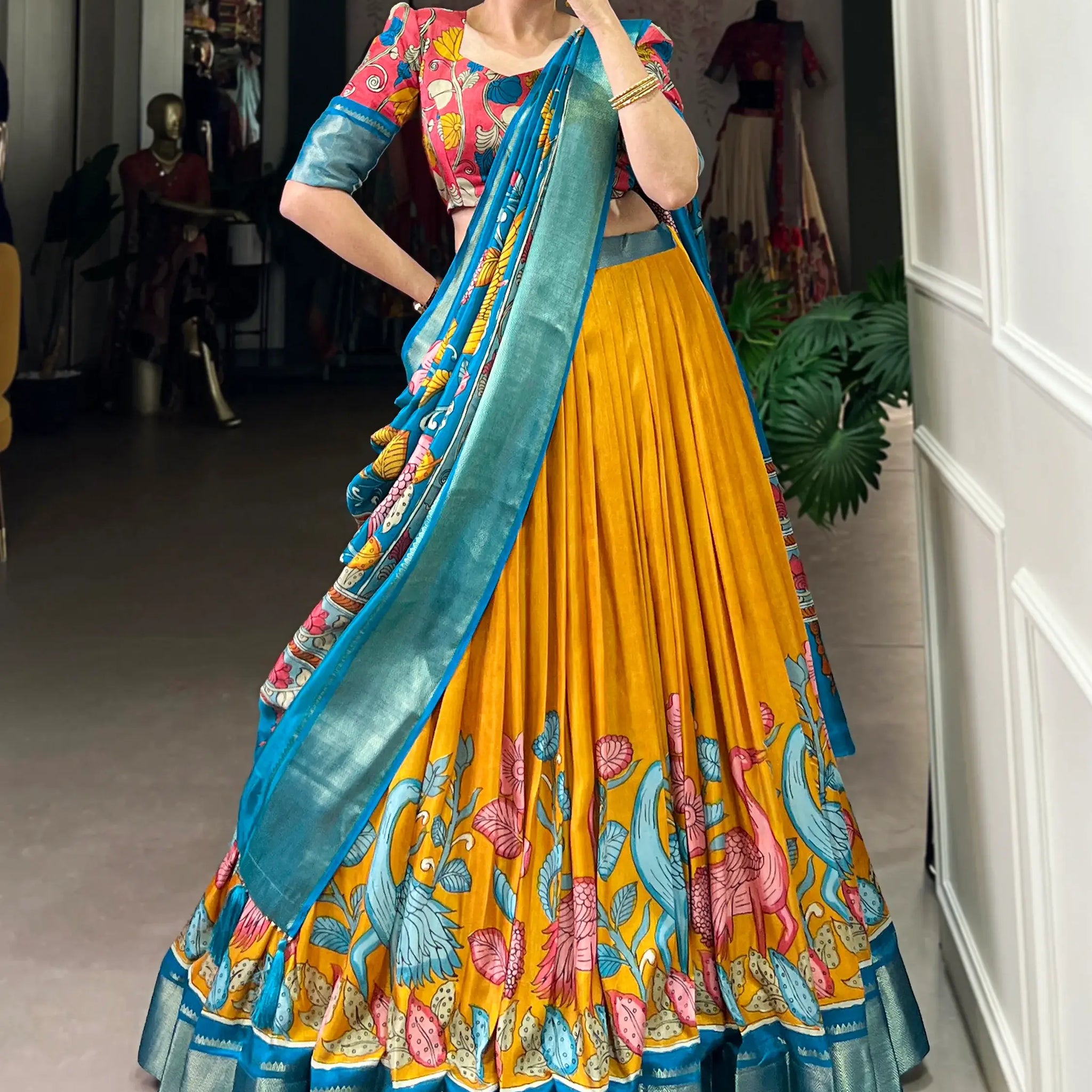 Awesome Mustard Yellow Printed Silk Onam Special Lehenga Choli - Zeel Clothing