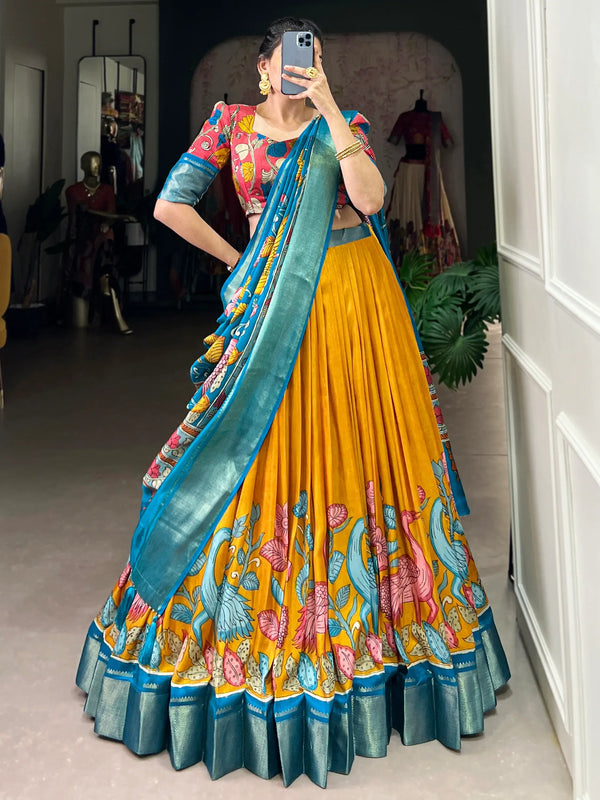 Awesome Mustard Yellow Printed Silk Onam Special Lehenga Choli - Zeel Clothing