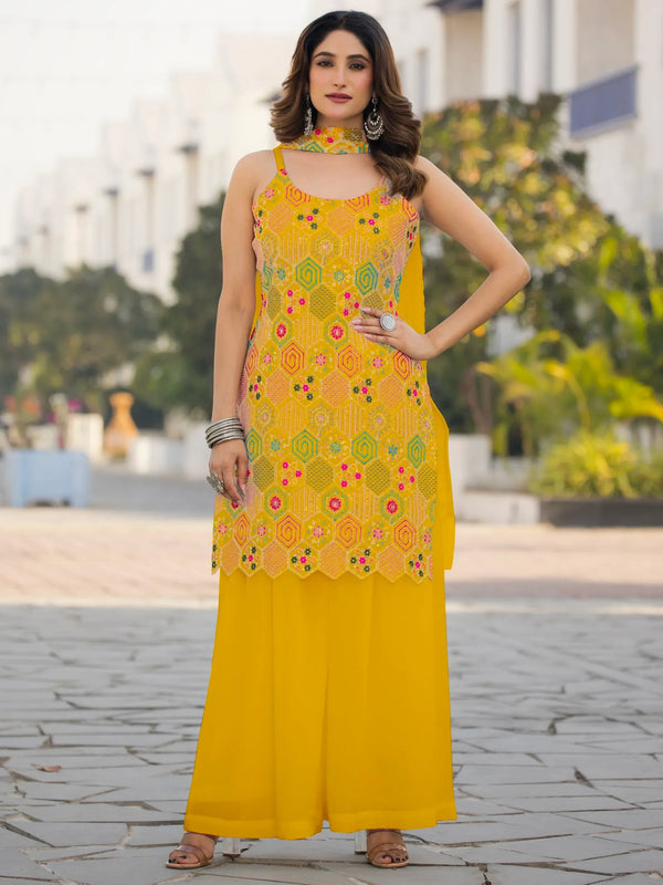 Awesome Mustard Yellow Sequins Work Chinon Haldi Wear Palazzo Suit - Zeel Clothing