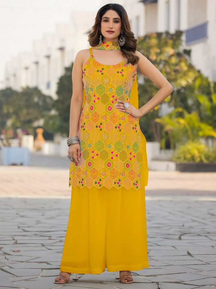 Awesome Mustard Yellow Sequins Work Chinon Haldi Wear Palazzo Suit - Zeel Clothing