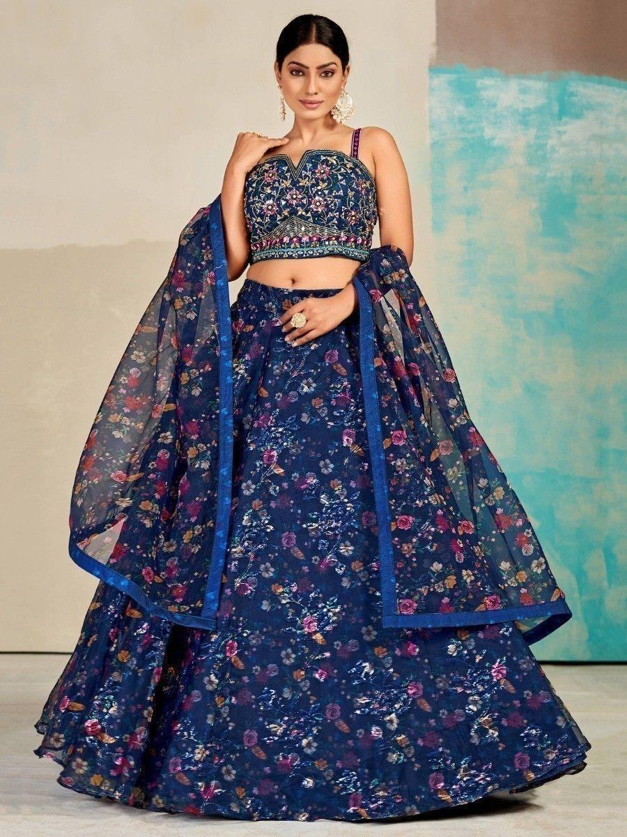 Awesome Navy Blue Digital Print Organza Lehenga Choli With Dupatta - Zeel Clothing