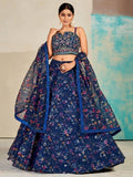 Awesome Navy Blue Digital Print Organza Lehenga Choli With Dupatta - Zeel Clothing