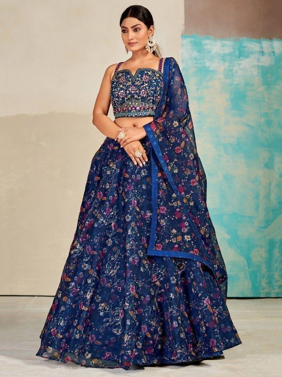 Awesome Navy Blue Digital Print Organza Lehenga Choli With Dupatta - Zeel Clothing