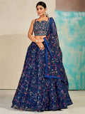 Awesome Navy Blue Digital Print Organza Lehenga Choli With Dupatta - Zeel Clothing