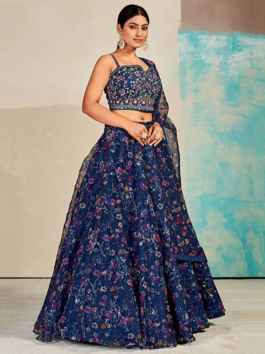 Awesome Navy Blue Digital Print Organza Lehenga Choli With Dupatta - Zeel Clothing