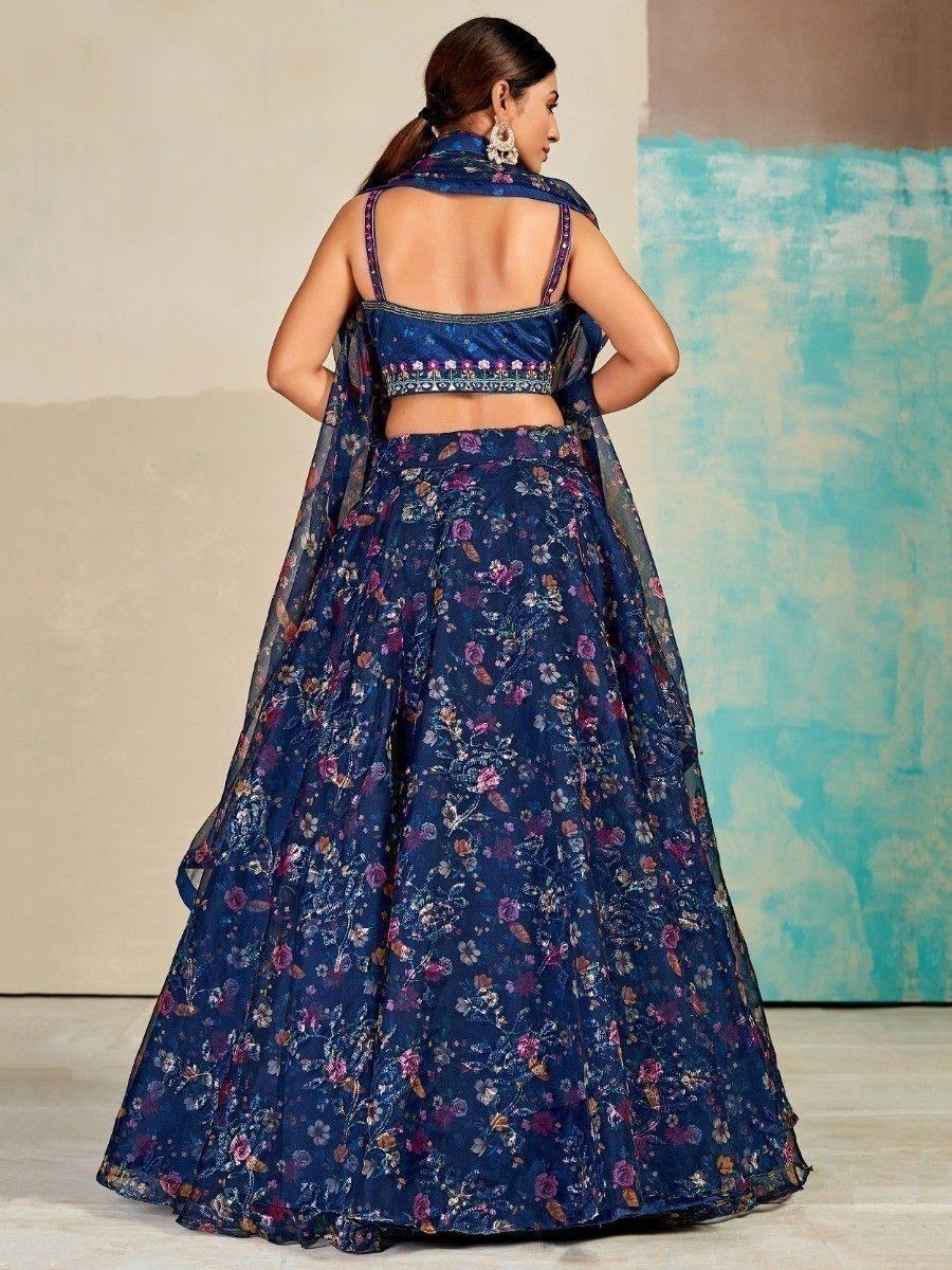 Awesome Navy Blue Digital Print Organza Lehenga Choli With Dupatta - Zeel Clothing