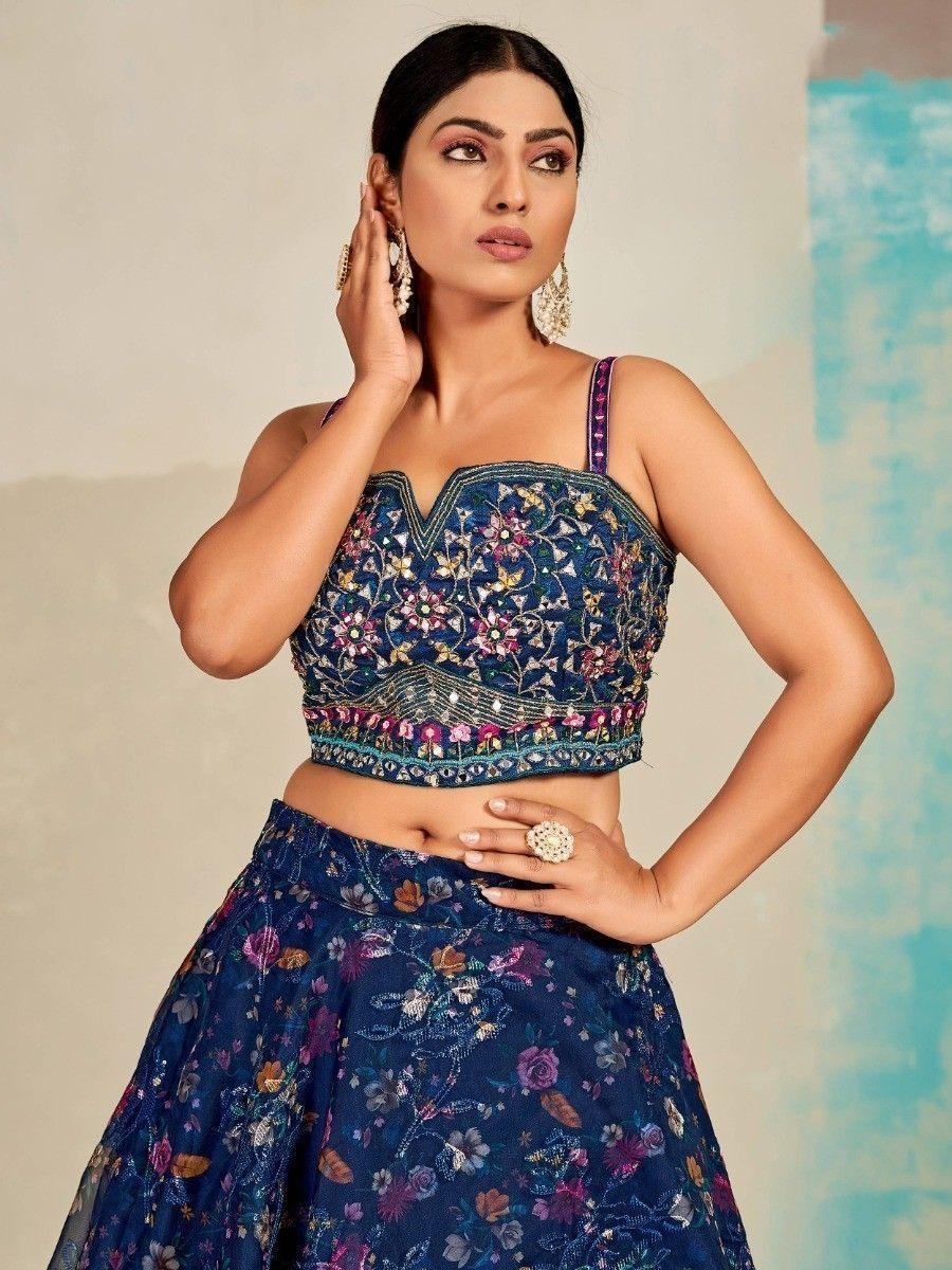 Awesome Navy Blue Digital Print Organza Lehenga Choli With Dupatta - Zeel Clothing
