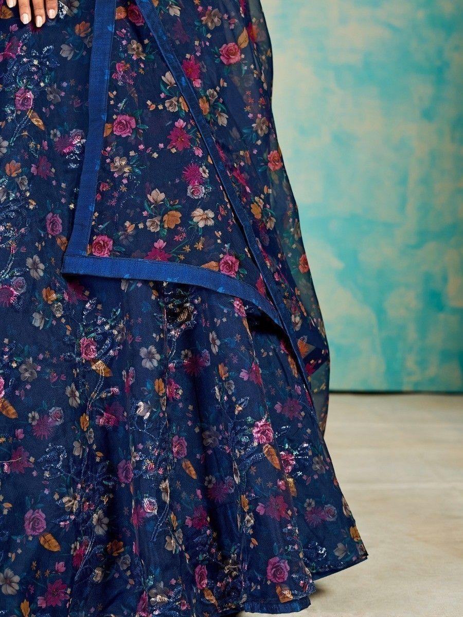 Awesome Navy Blue Digital Print Organza Lehenga Choli With Dupatta - Zeel Clothing