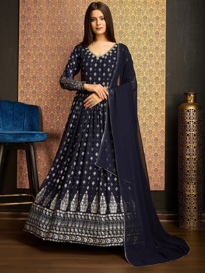 Awesome Navy Blue Foil Work Georgette Gown With Dupatta