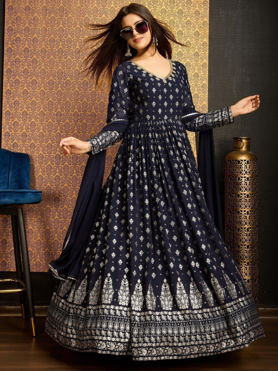 Awesome Navy Blue Foil Work Georgette Gown With Dupatta