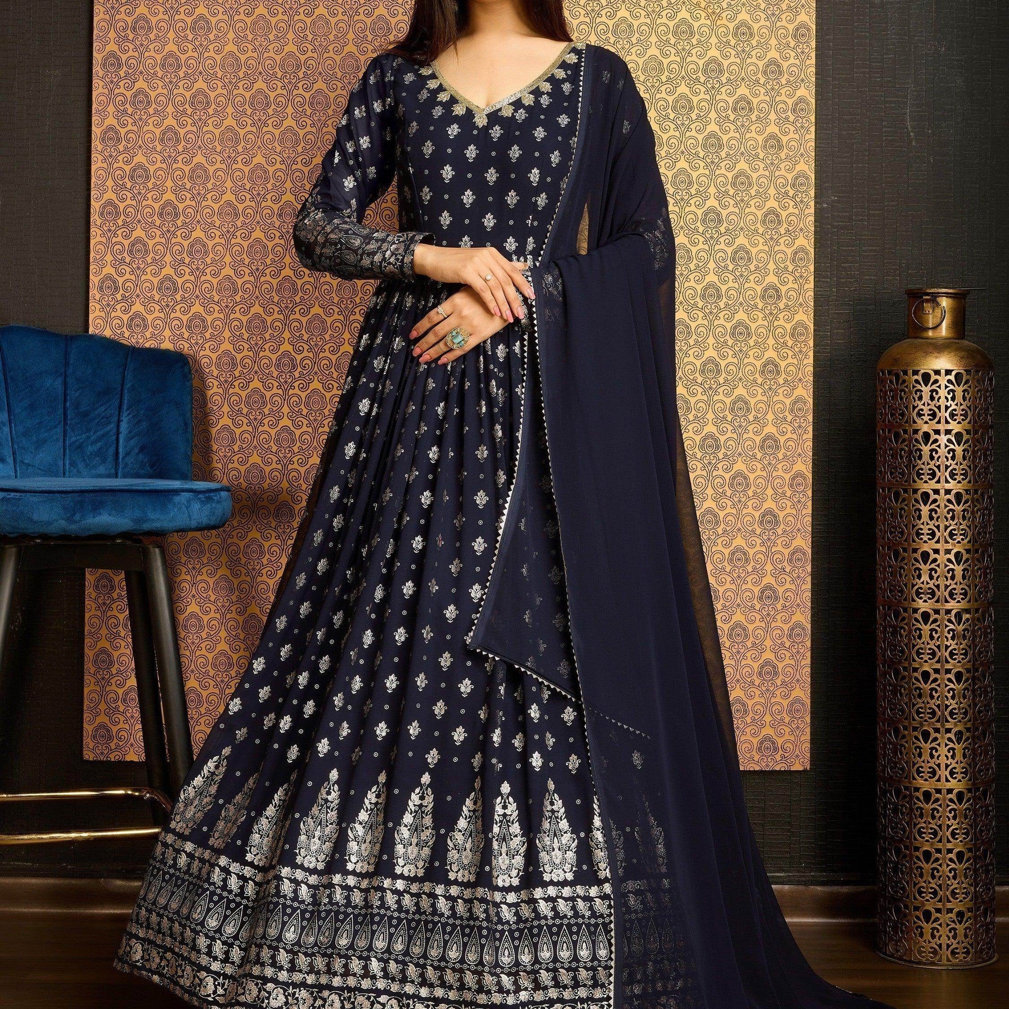 Awesome Navy Blue Foil Work Georgette Gown With Dupatta - Zeel Clothing