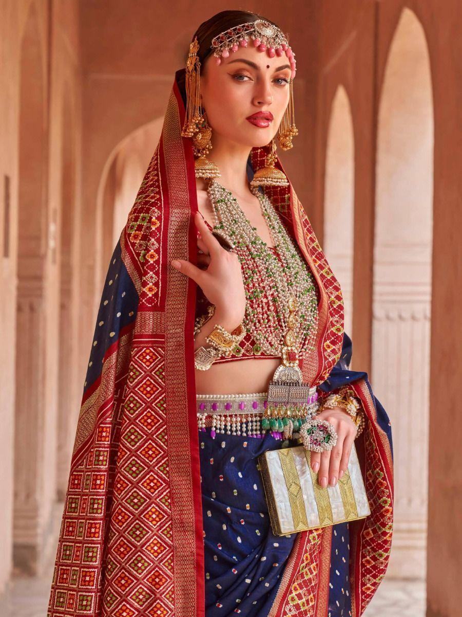 Awesome Navy Blue Patola Print Silk Classic Saree With Blouse