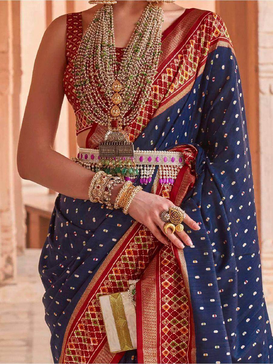 Awesome Navy Blue Patola Print Silk Classic Saree With Blouse - Zeel Clothing