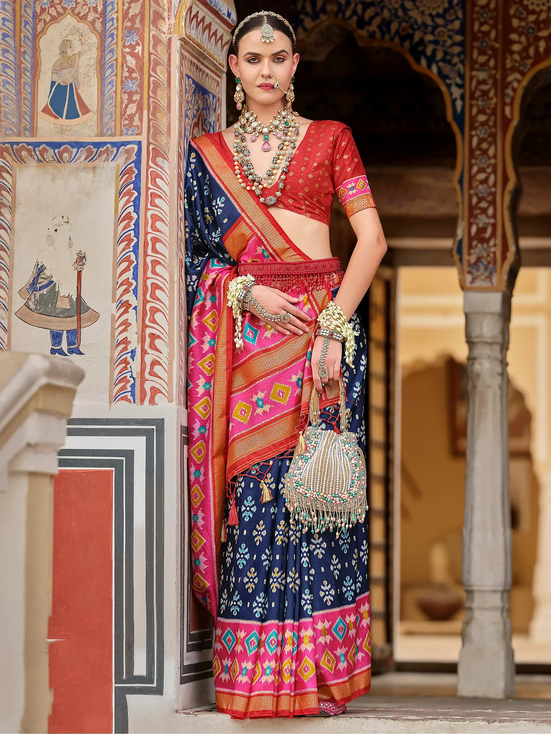 Awesome Navy Blue Printed Silk Festival Wear Saree With Blouse - Zeel Clothing
