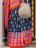 Awesome Navy Blue Printed Silk Festival Wear Saree With Blouse - Zeel Clothing