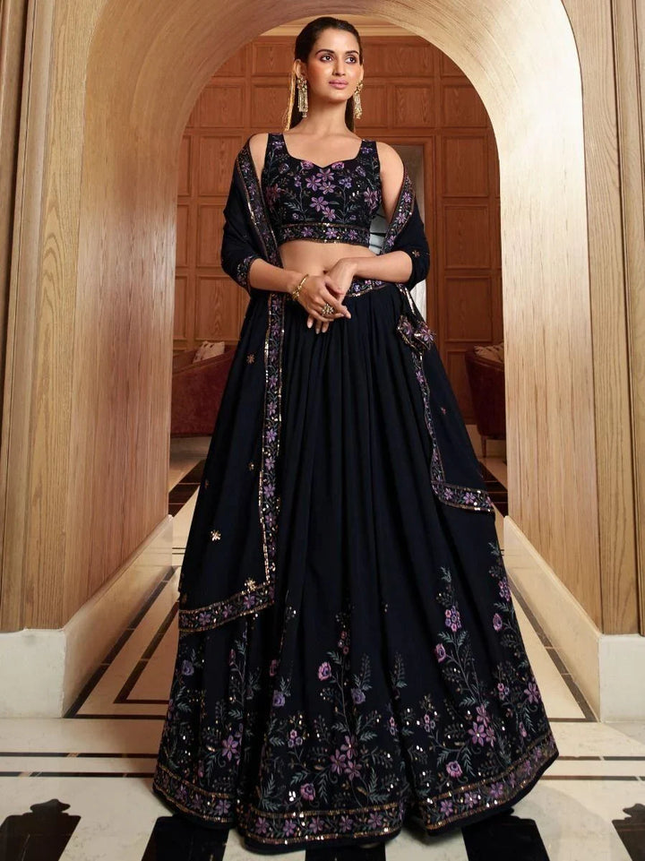 Awesome Navy Blue Thread Embroidered Georgette Lehenga Choli