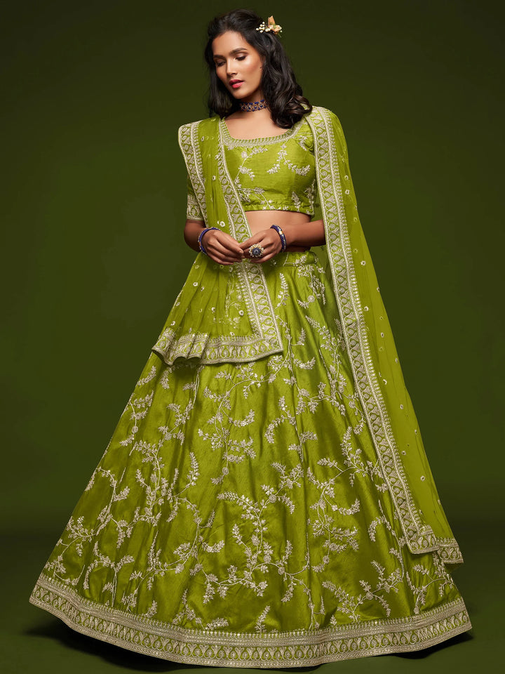 Awesome Neon Green Thread Embroidery Art Silk Wedding Lehenga Choli - Zeel Clothing