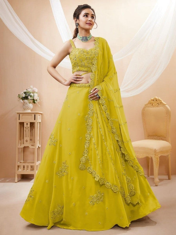 Awesome Neon Yellow Embroidered Engagement Wear Lehenga Choli