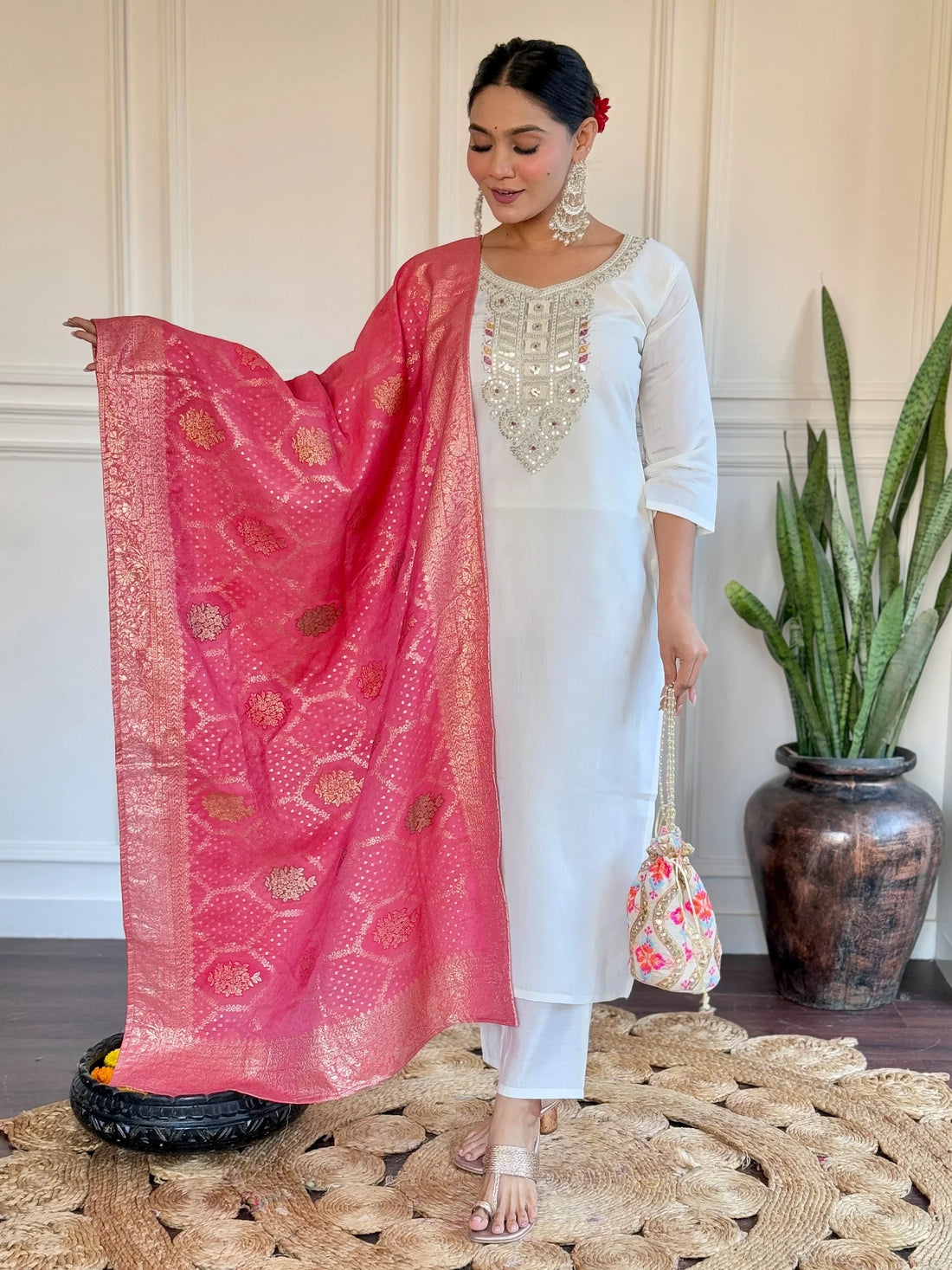 Awesome Off-White Embroidered Chanderi Traditional Pant Suit - Zeel Clothing