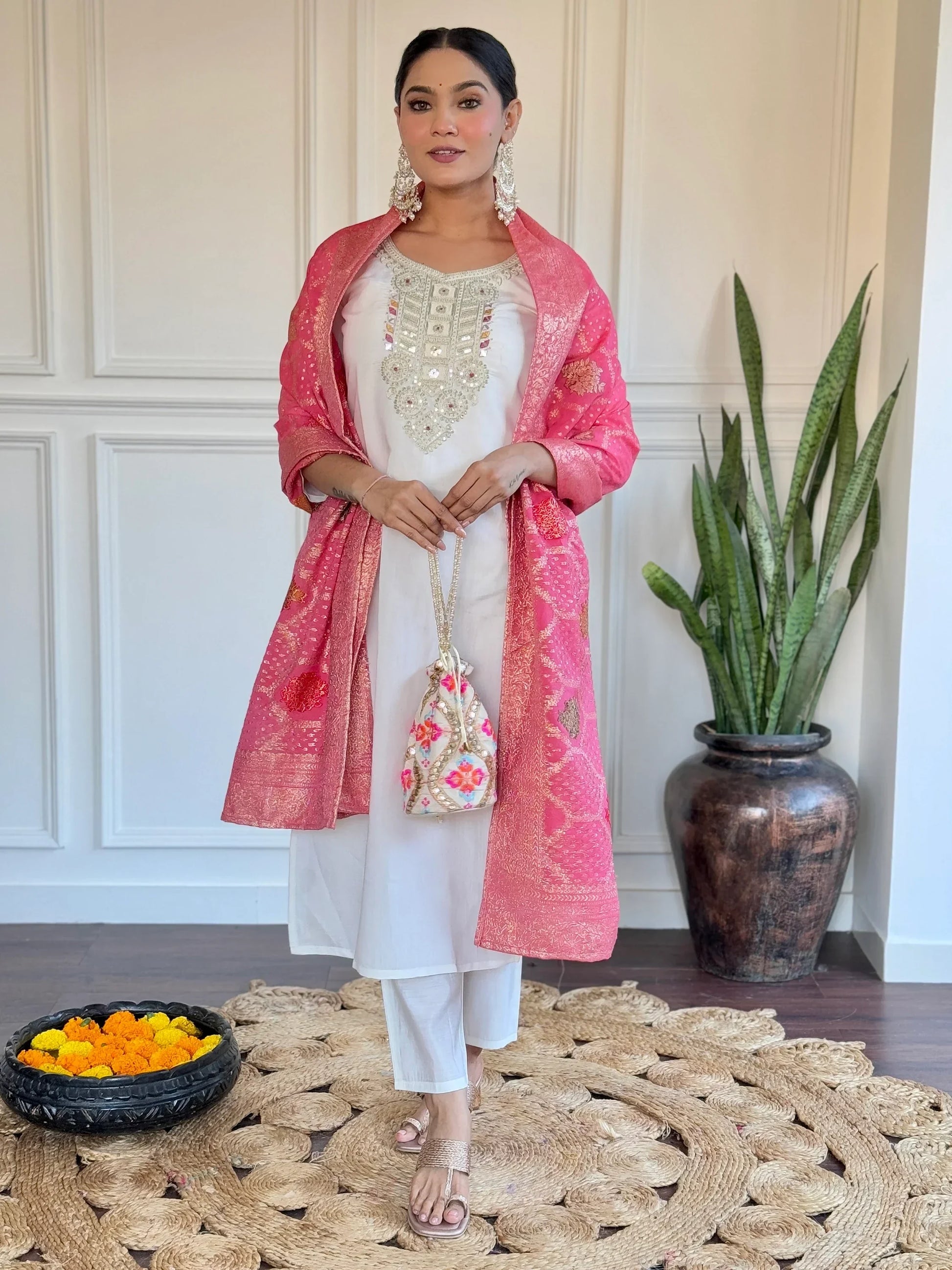Awesome Off-White Embroidered Chanderi Traditional Pant Suit - Zeel Clothing