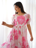 Awesome Off-White Floral Printed Organza Party Wear Frock Dress - Zeel Clothing