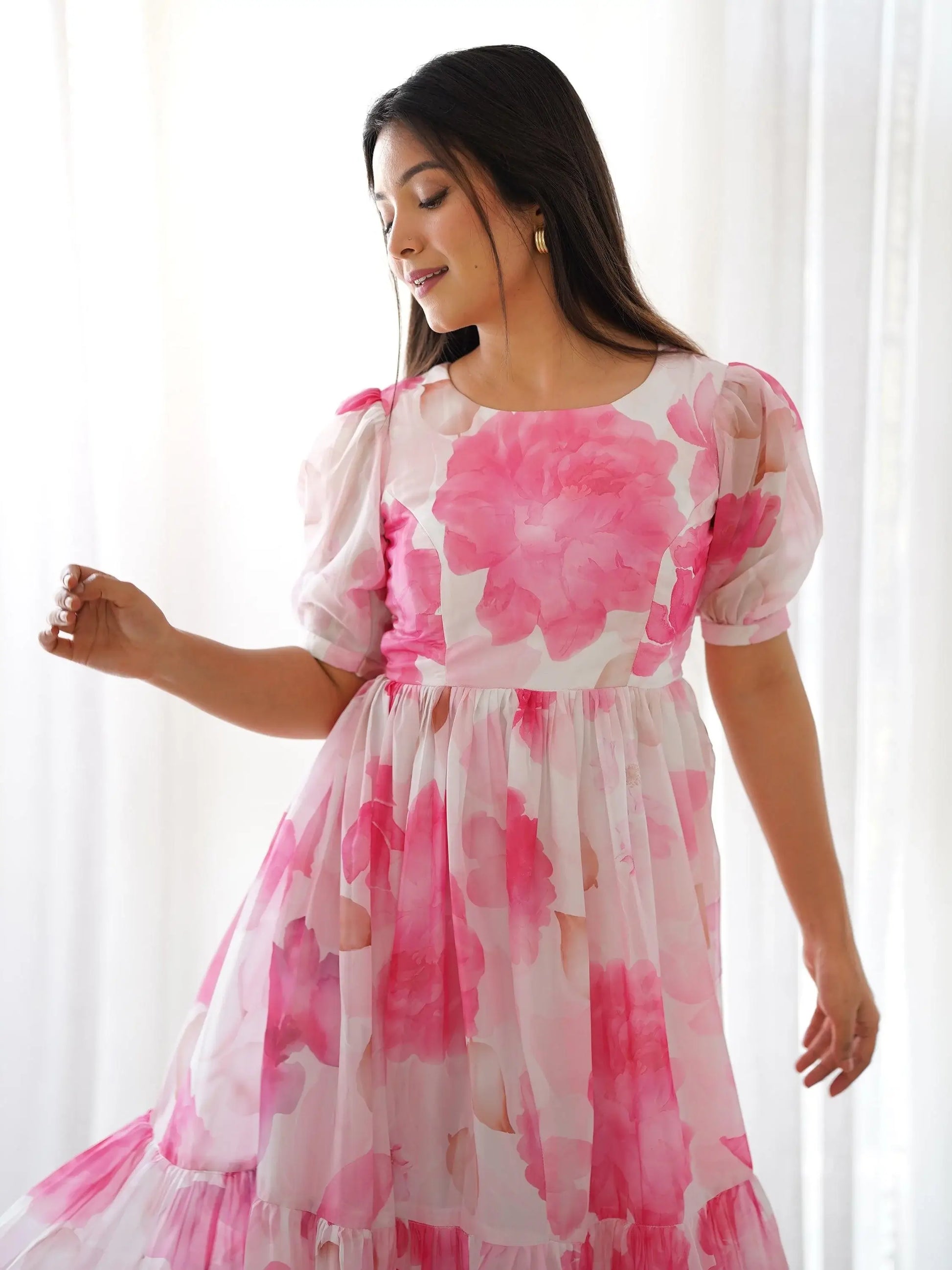 Awesome Off-White Floral Printed Organza Party Wear Frock Dress - Zeel Clothing