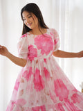 Awesome Off-White Floral Printed Organza Party Wear Frock Dress - Zeel Clothing