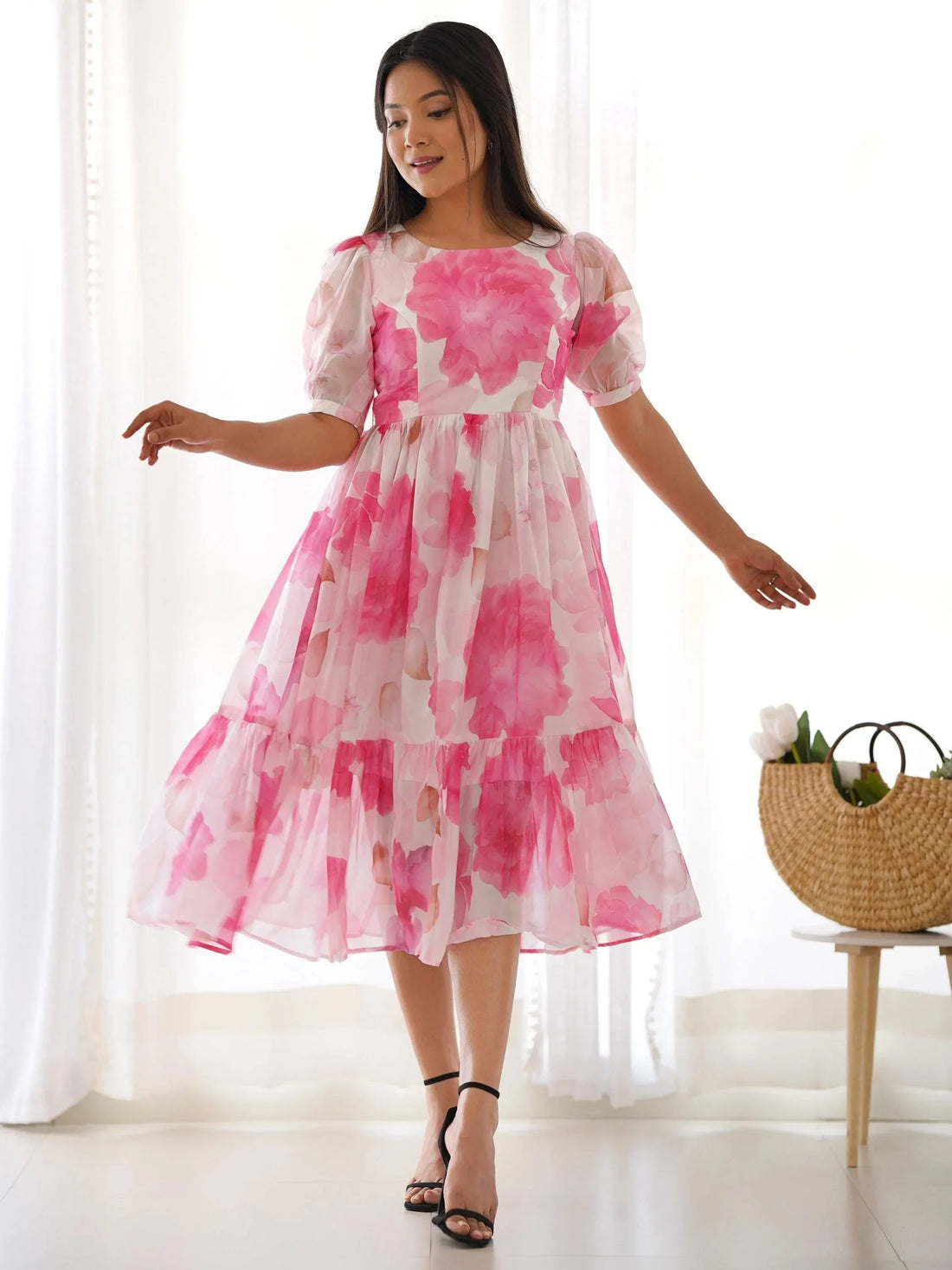 Awesome Off-White Floral Printed Organza Party Wear Frock Dress