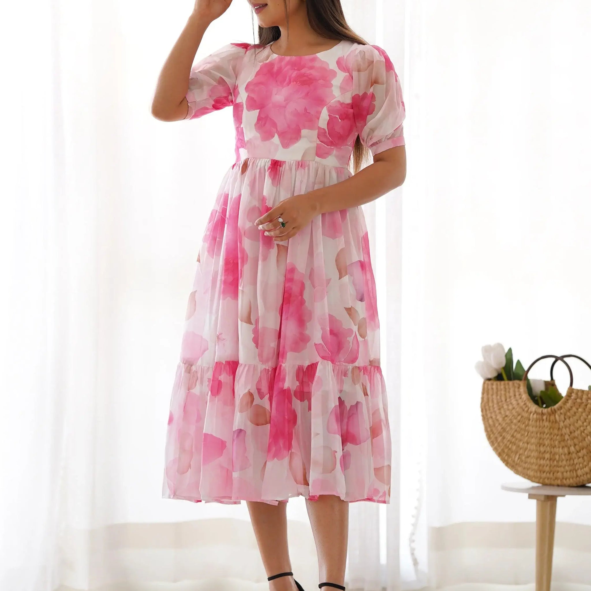Awesome Off-White Floral Printed Organza Party Wear Frock Dress - Zeel Clothing