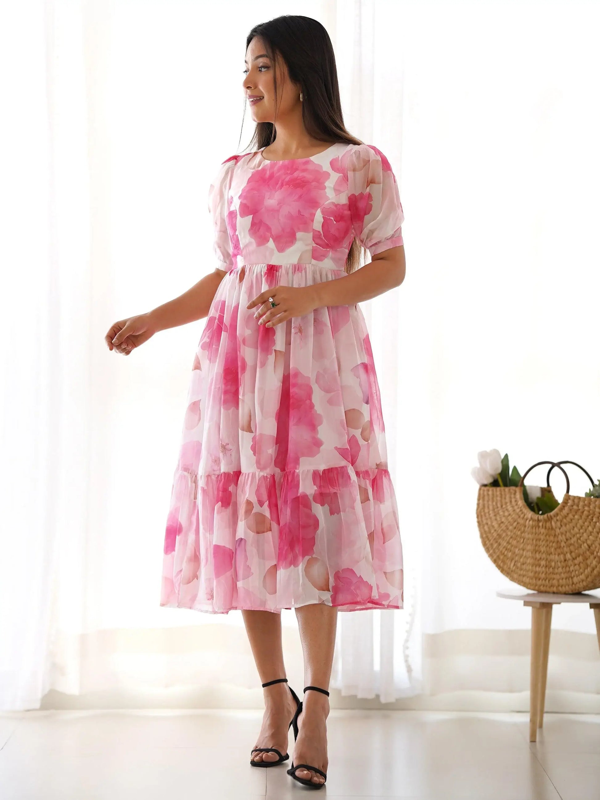 Awesome Off-White Floral Printed Organza Party Wear Frock Dress - Zeel Clothing