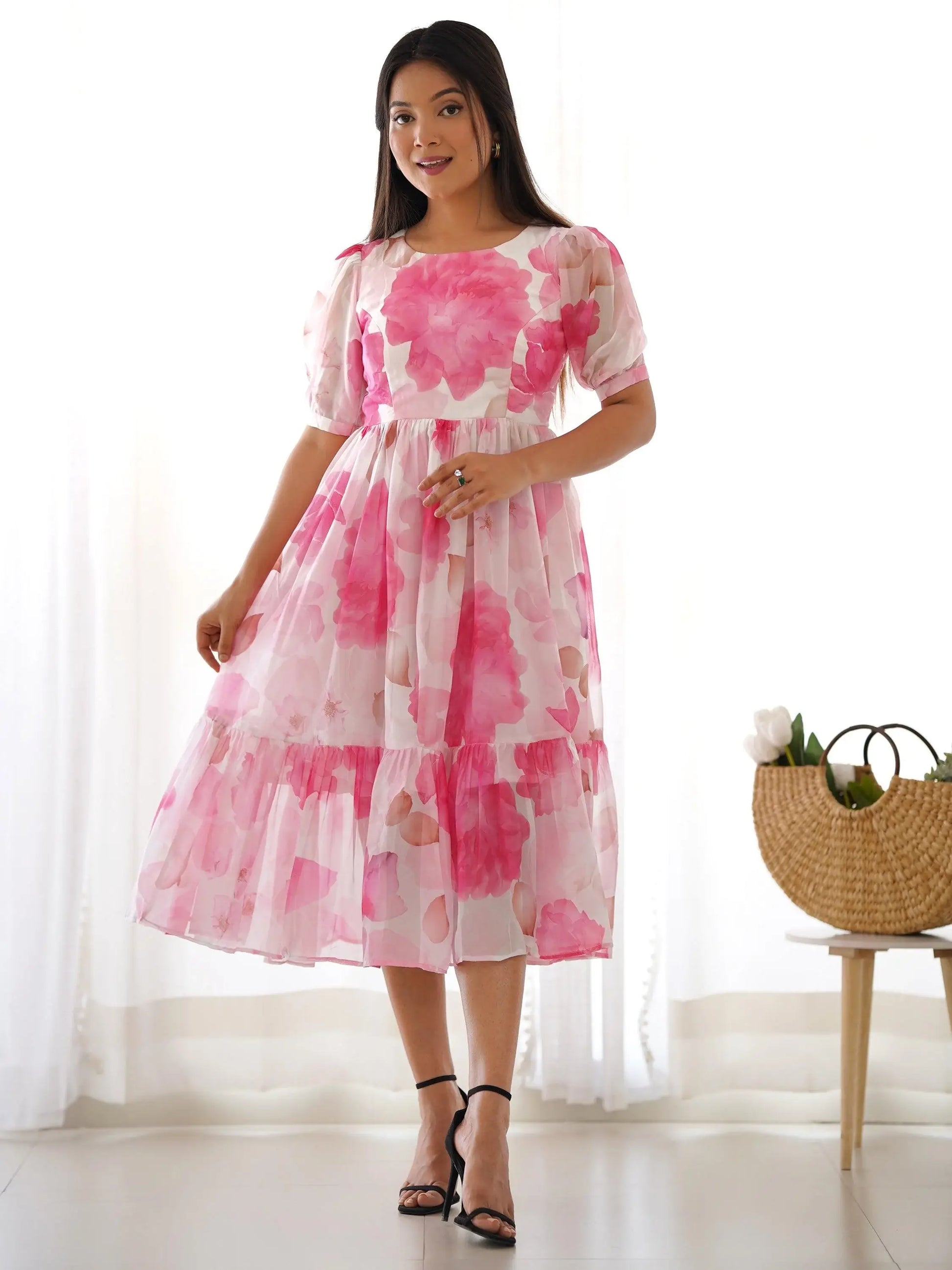 Awesome Off-White Floral Printed Organza Party Wear Frock Dress - Zeel Clothing