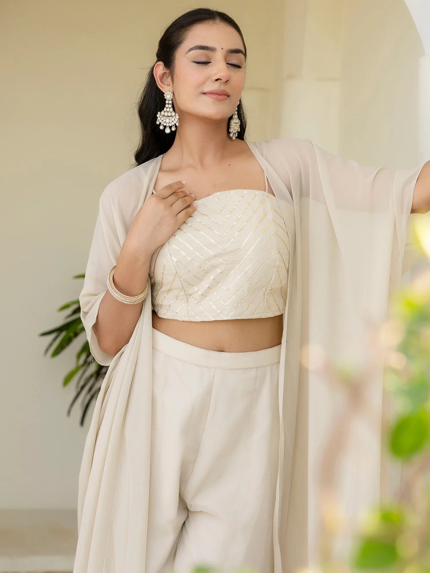 Awesome Off-White Georgette Designer Crop Top Palazzo With Shrug - Zeel Clothing