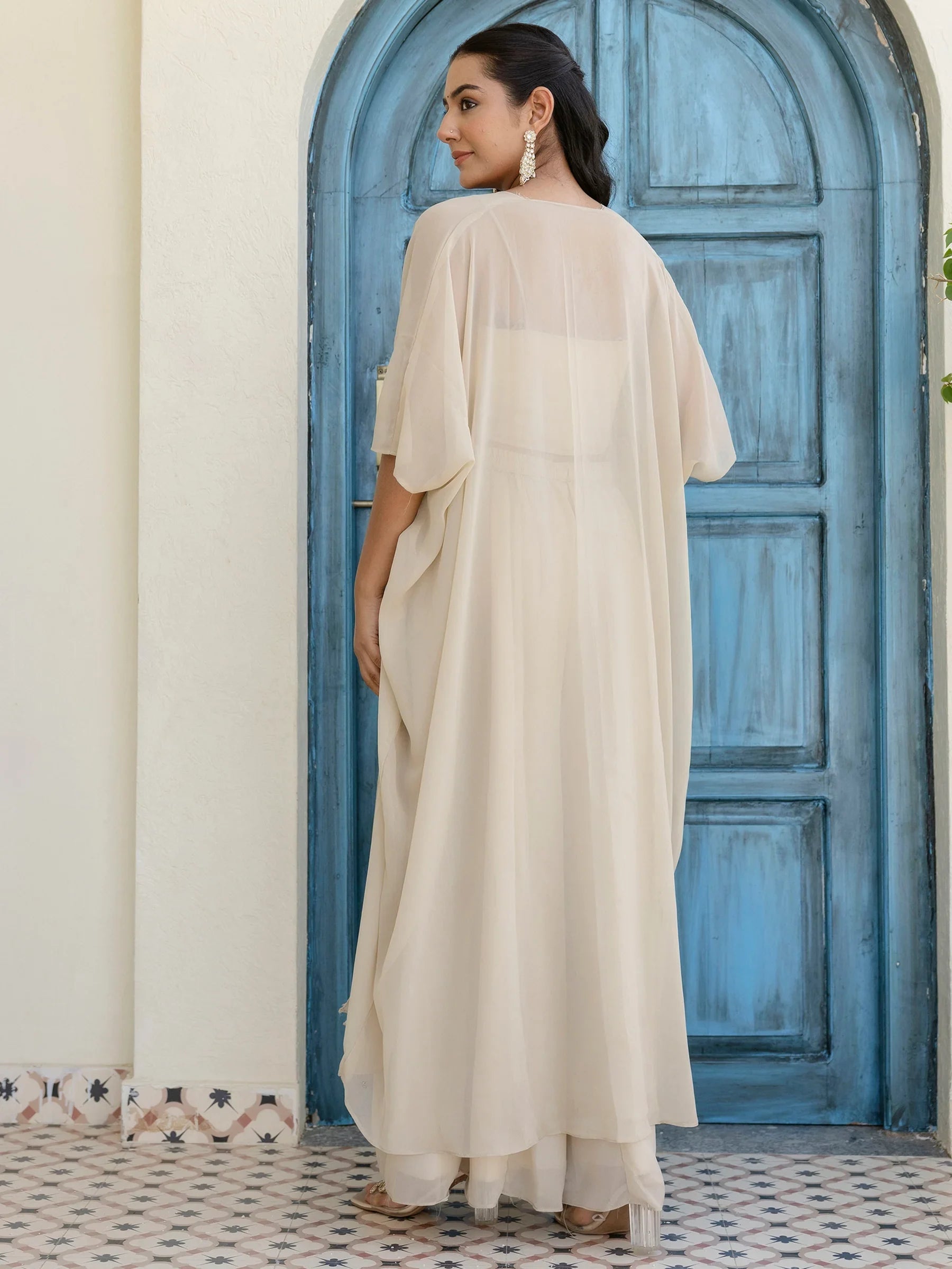 Awesome Off-White Georgette Designer Crop Top Palazzo With Shrug - Zeel Clothing