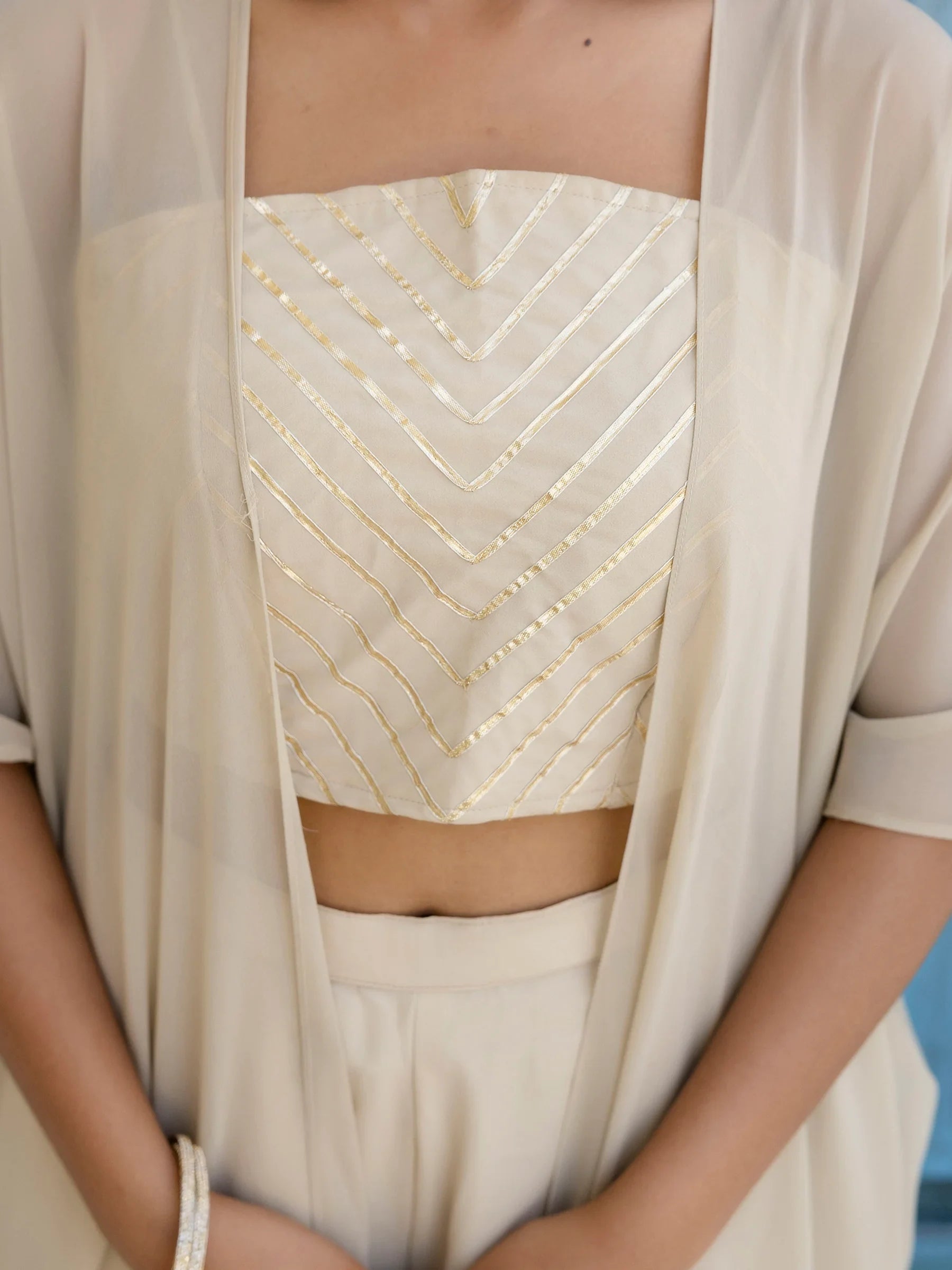 Awesome Off-White Georgette Designer Crop Top Palazzo With Shrug - Zeel Clothing