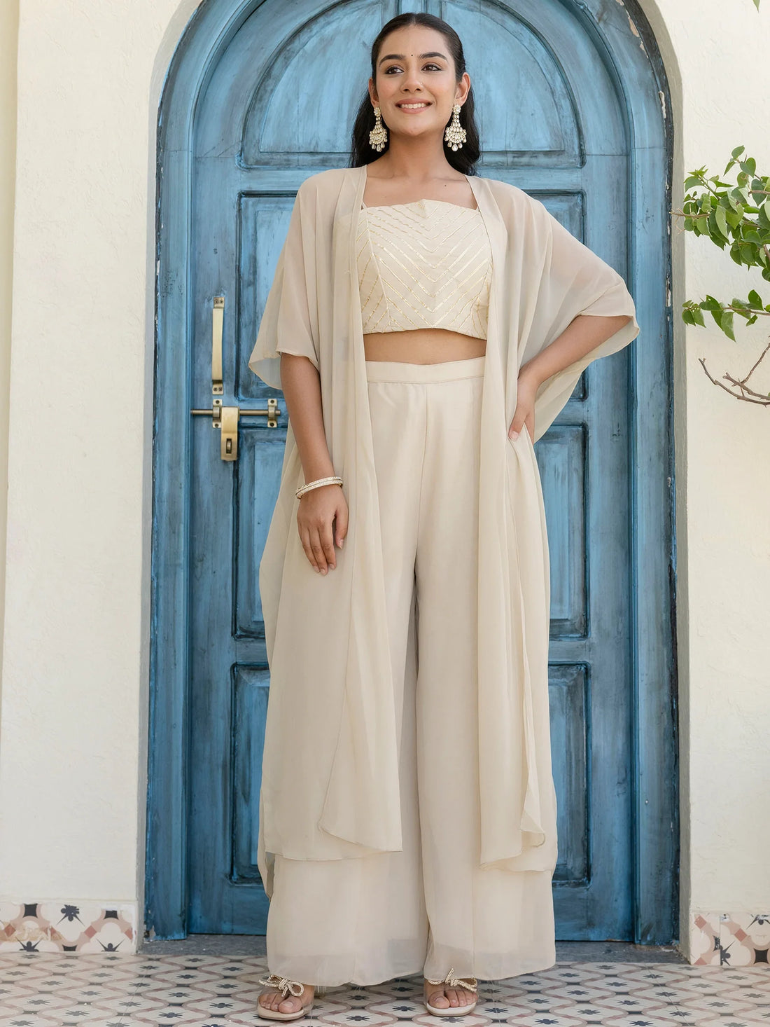 Awesome Off-White Georgette Designer Crop Top Palazzo With Shrug - Zeel Clothing