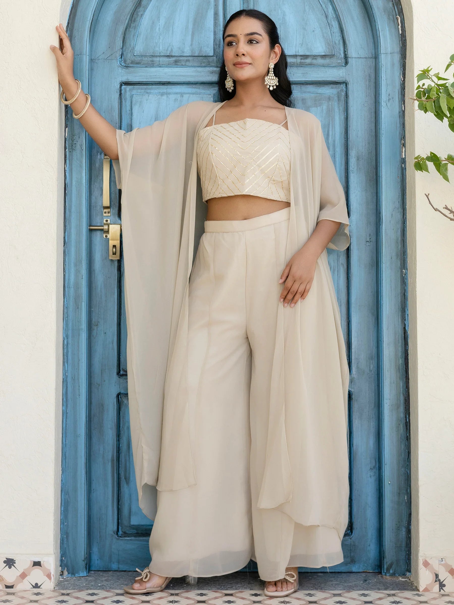 Awesome Off-White Georgette Designer Crop Top Palazzo With Shrug - Zeel Clothing