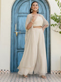 Awesome Off-White Georgette Designer Crop Top Palazzo With Shrug - Zeel Clothing