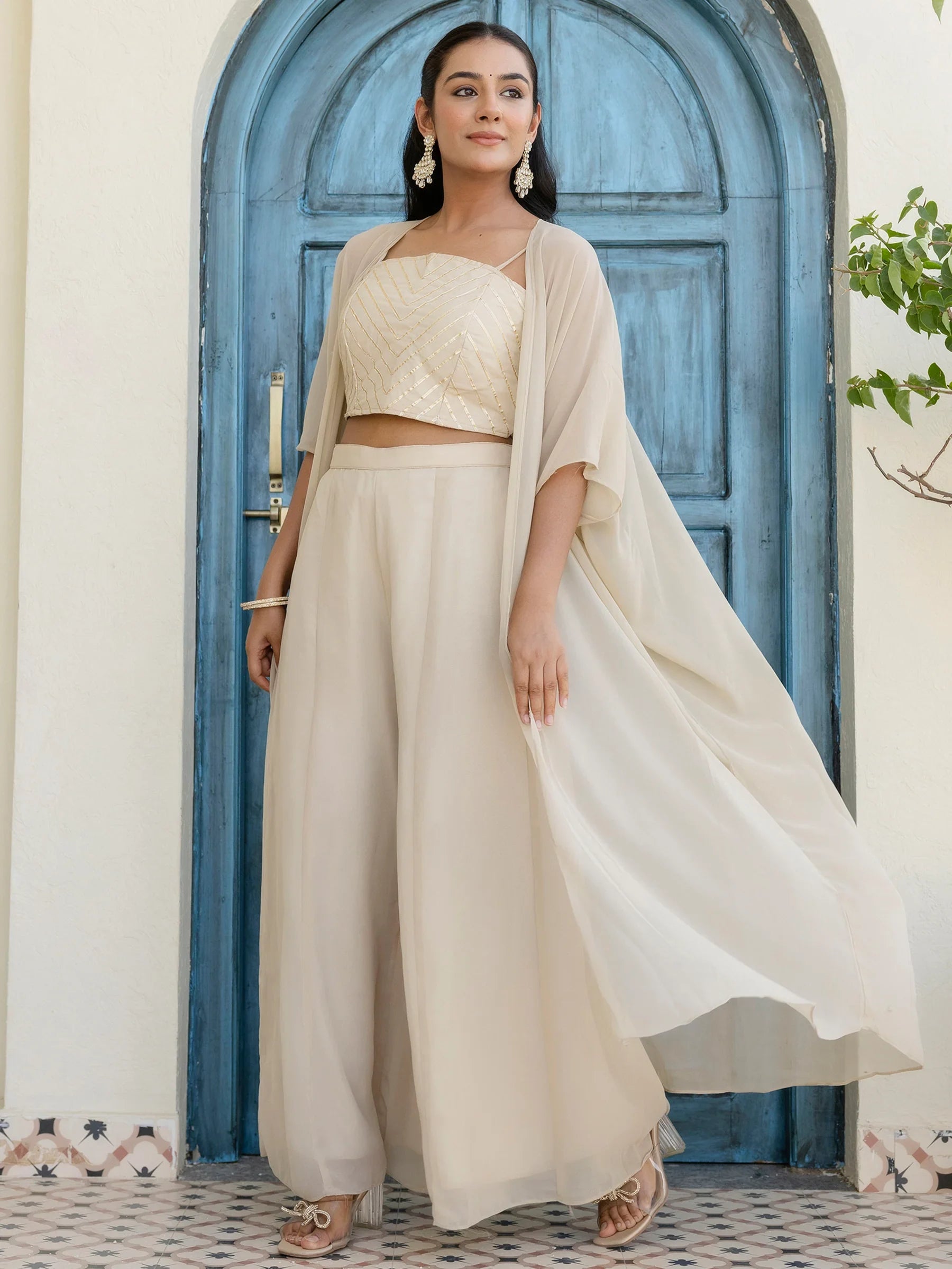 Awesome Off-White Georgette Designer Crop Top Palazzo With Shrug - Zeel Clothing