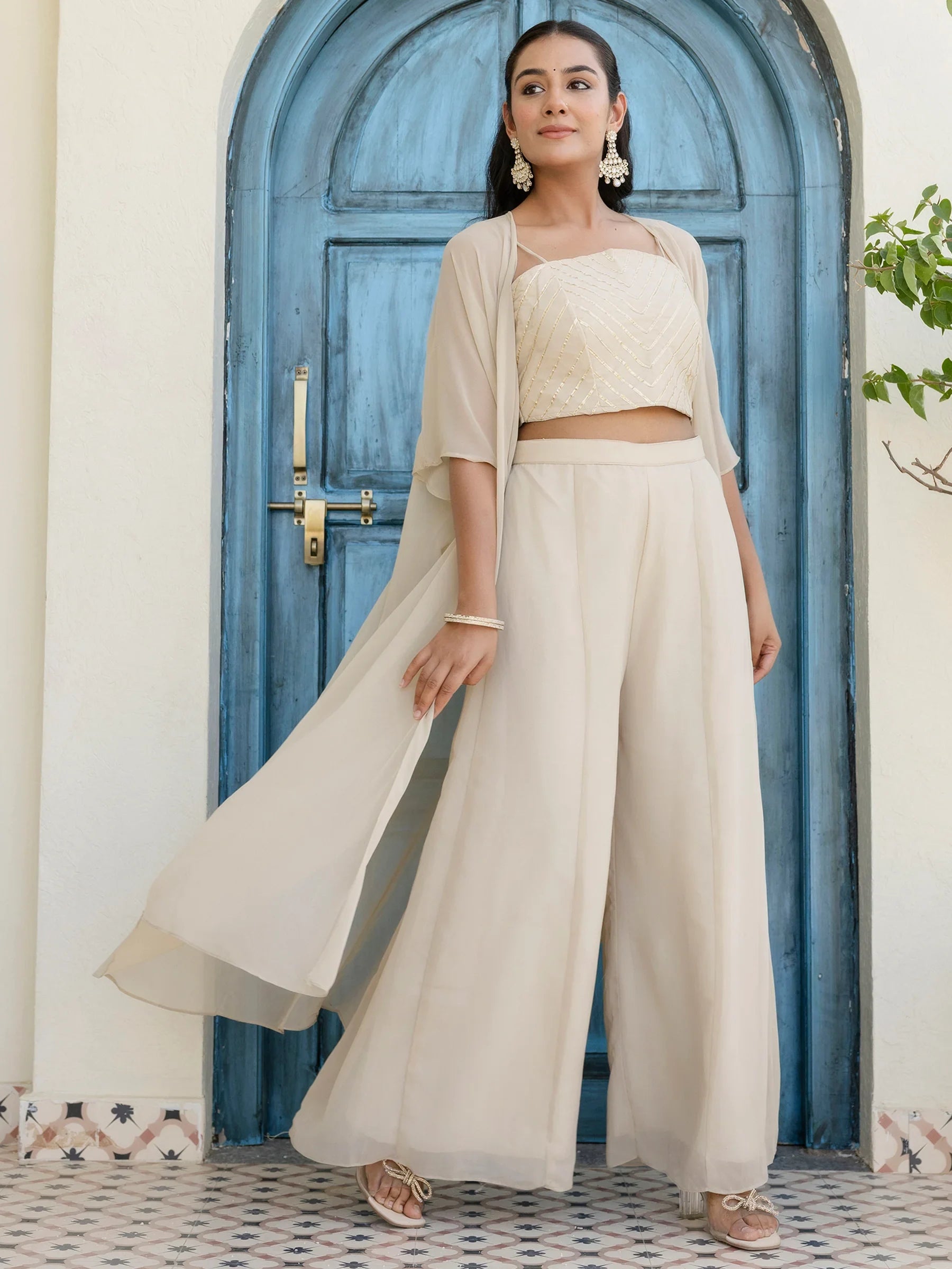 Awesome Off-White Georgette Designer Crop Top Palazzo With Shrug - Zeel Clothing