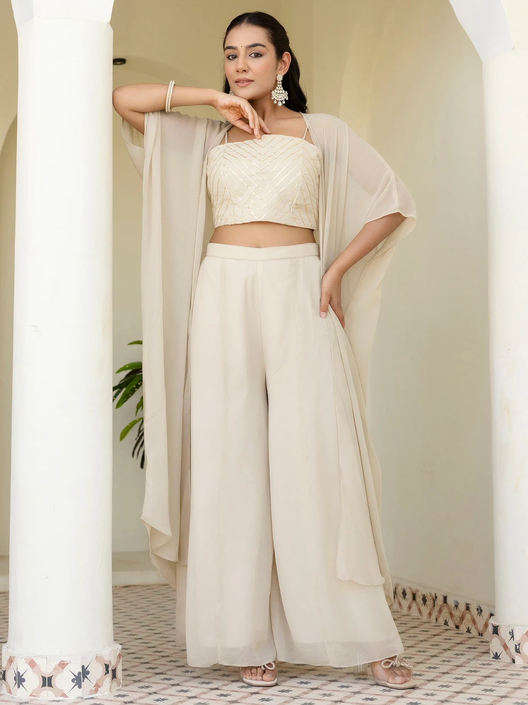 Awesome Off-White Georgette Designer Crop Top Palazzo With Shrug - Zeel Clothing