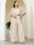 Awesome Off-White Georgette Designer Crop Top Palazzo With Shrug - Zeel Clothing