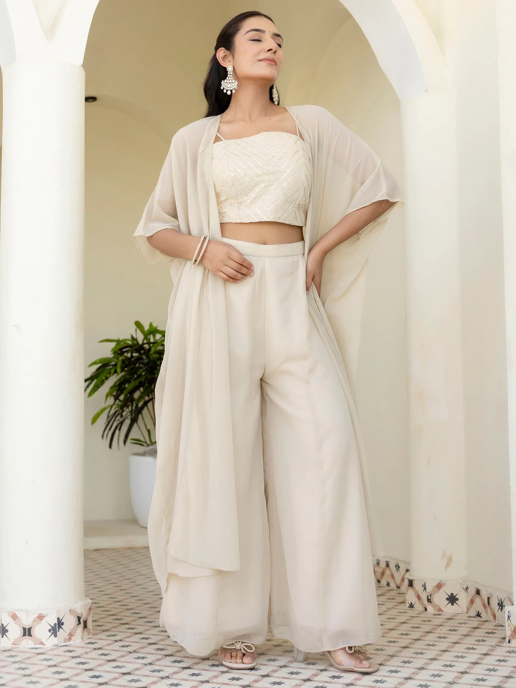 Awesome Off-White Georgette Designer Crop Top Palazzo With Shrug - Zeel Clothing