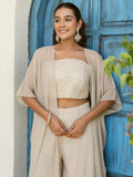 Awesome Off-White Georgette Designer Crop Top Palazzo With Shrug - Zeel Clothing