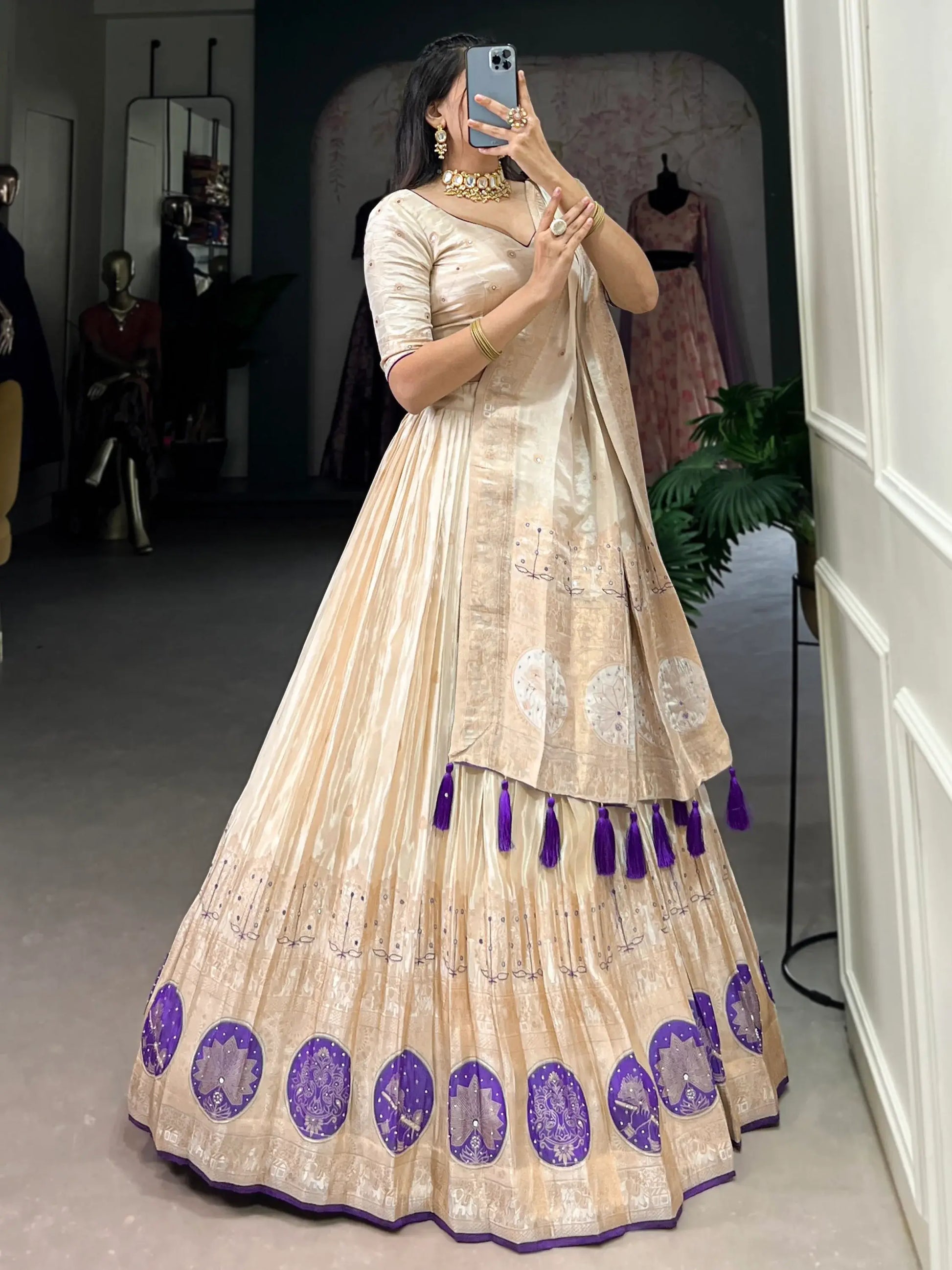 Awesome Off-White Mirror Work Silk Traditional Lehenga Choli With Dupatta - Zeel Clothing